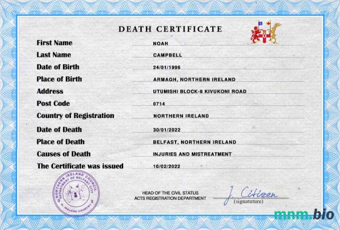 Northern Ireland śmierć certyfikat PSD szablon